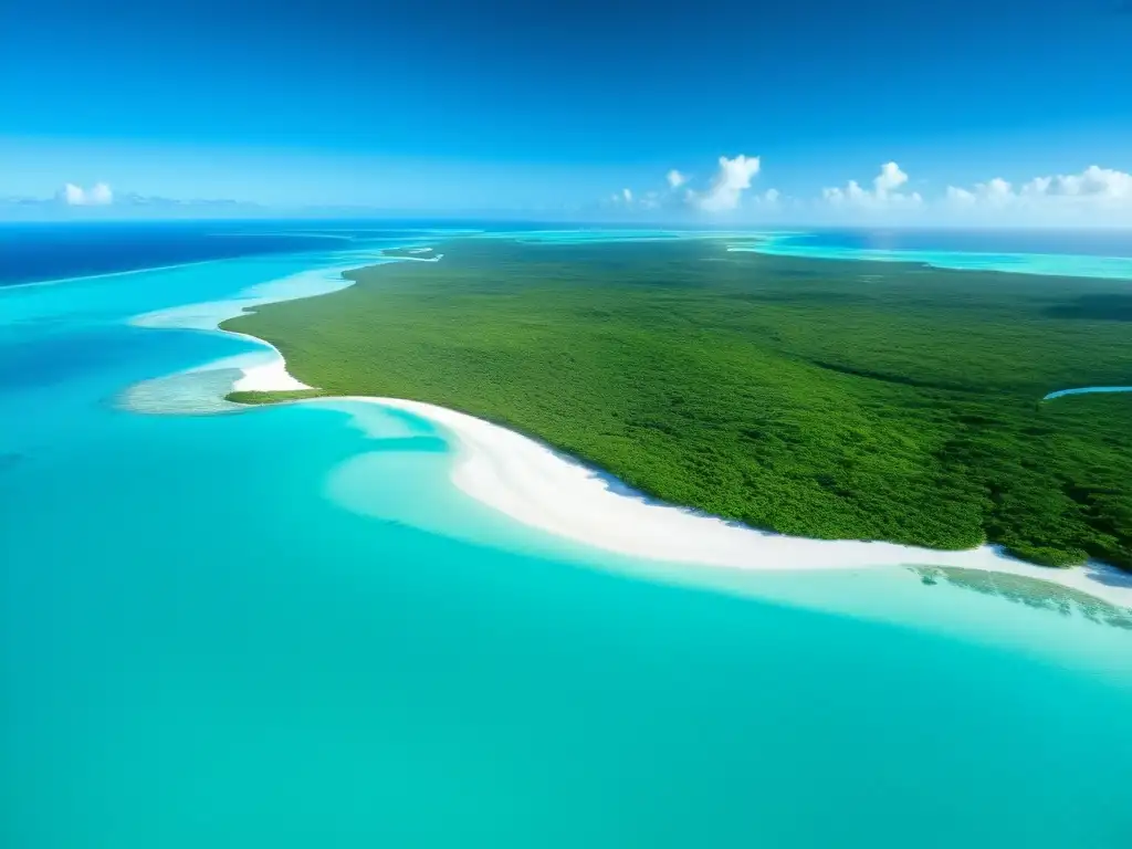 Vista aérea de exuberantes paisajes en Islas Turcas y Caicos, mostrando la diversa vida marina en el Caribe