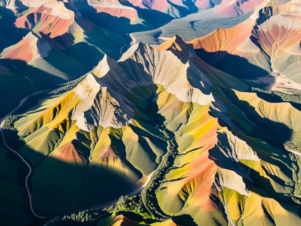 Vista aérea fascinante de una cadena montañosa con formaciones geológicas y vida vegetal