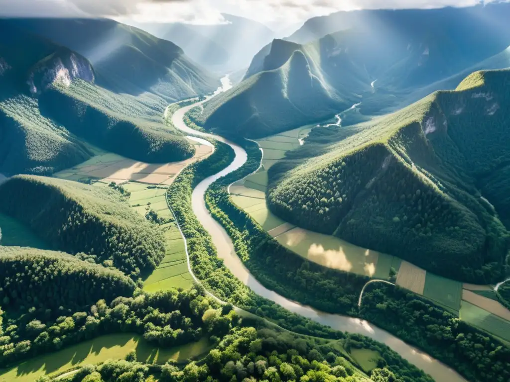 Vista aérea de una frontera montañosa, con bosques verdes y ríos