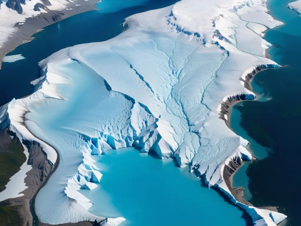 Glaciar majestuoso en peligro: impacto del calentamiento global Vista aérea de un glaciar masivo con grietas y seracs, mostrando signos de retroceso glaciar