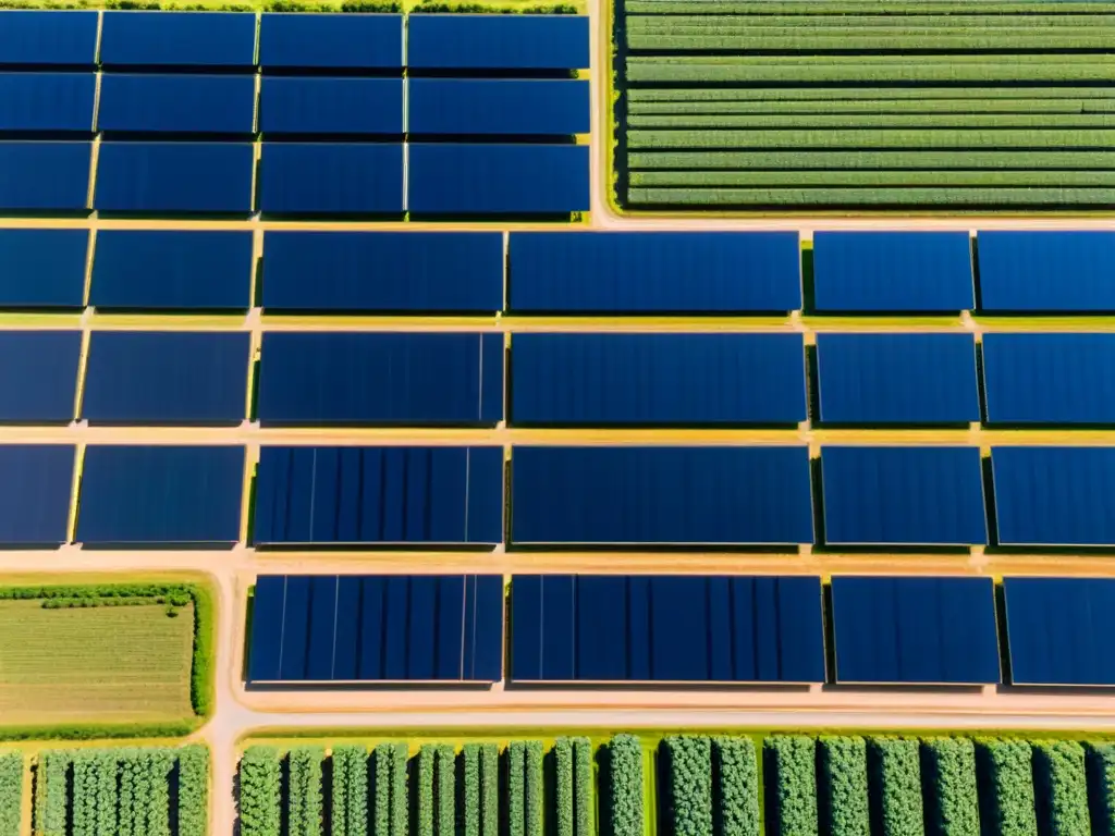 Vista aérea de una gran granja solar con paneles brillantes bajo un cielo azul, resaltando la rentabilidad de las energías renovables con tecnología