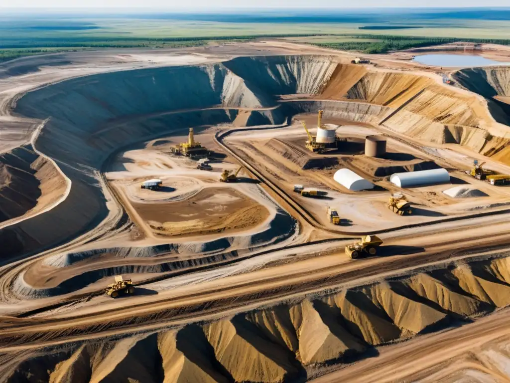 Vista aérea de una gran mina de oro a cielo abierto, con maquinaria masiva y trabajadores en medio de una operación impresionante