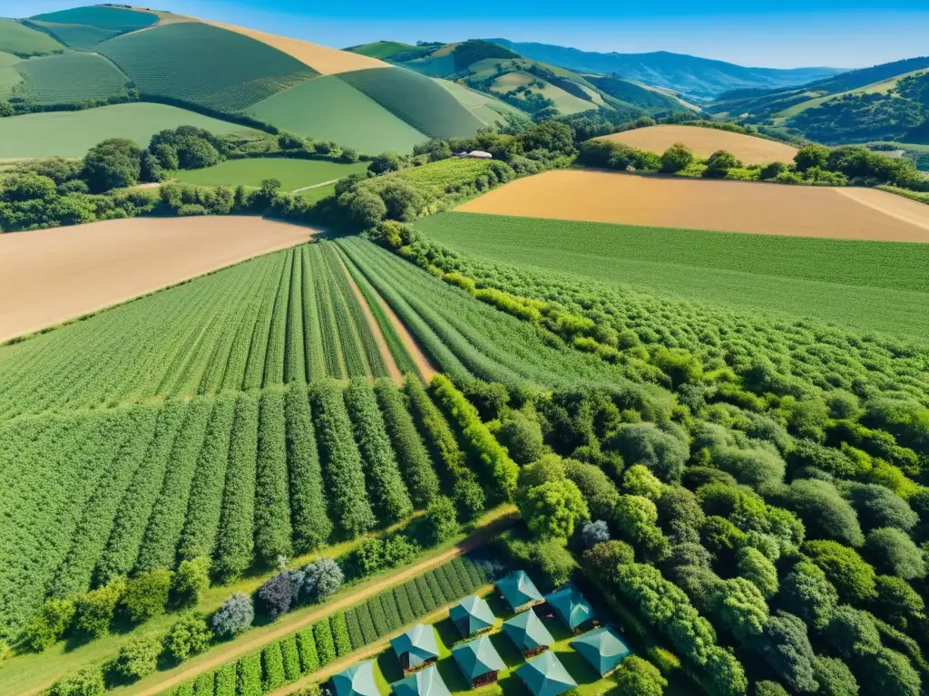 Vista aérea de granja orgánica biodiversa en armonía con el ecosistema global