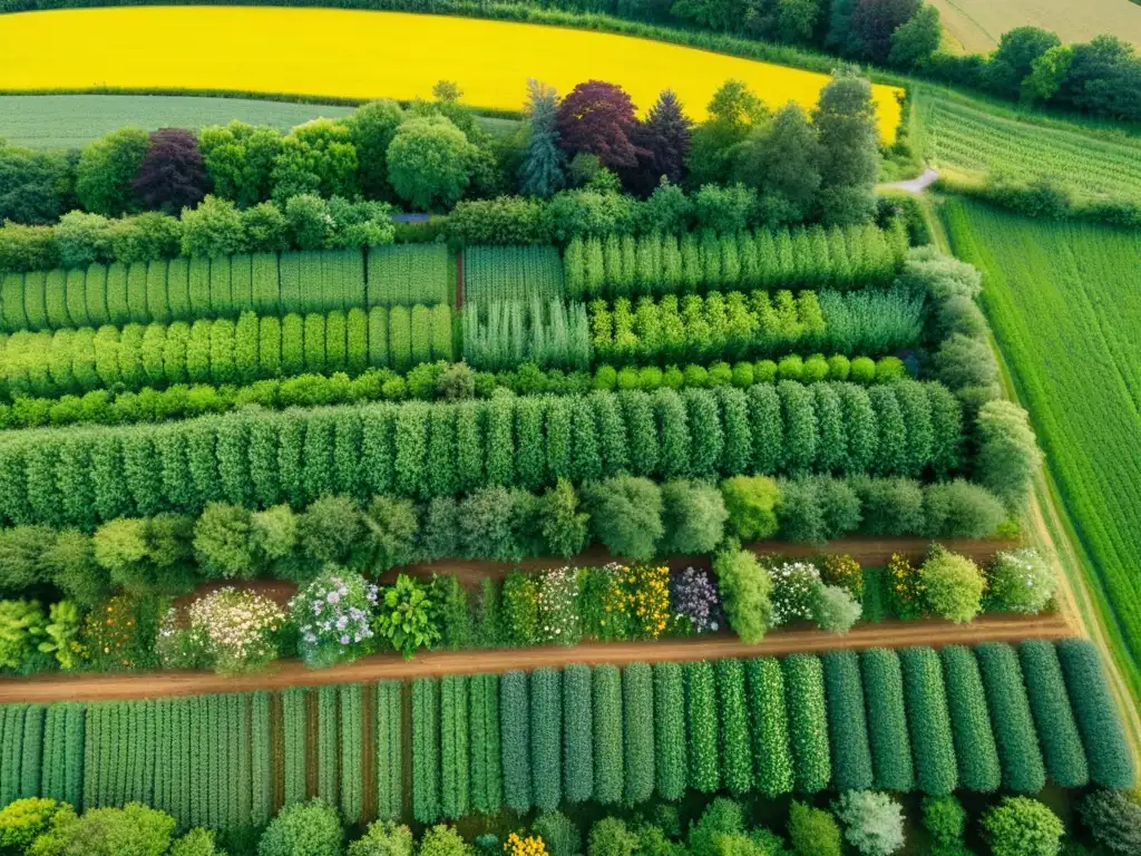 Vista aérea de granja orgánica con cultivos vibrantes y ecosistema diverso