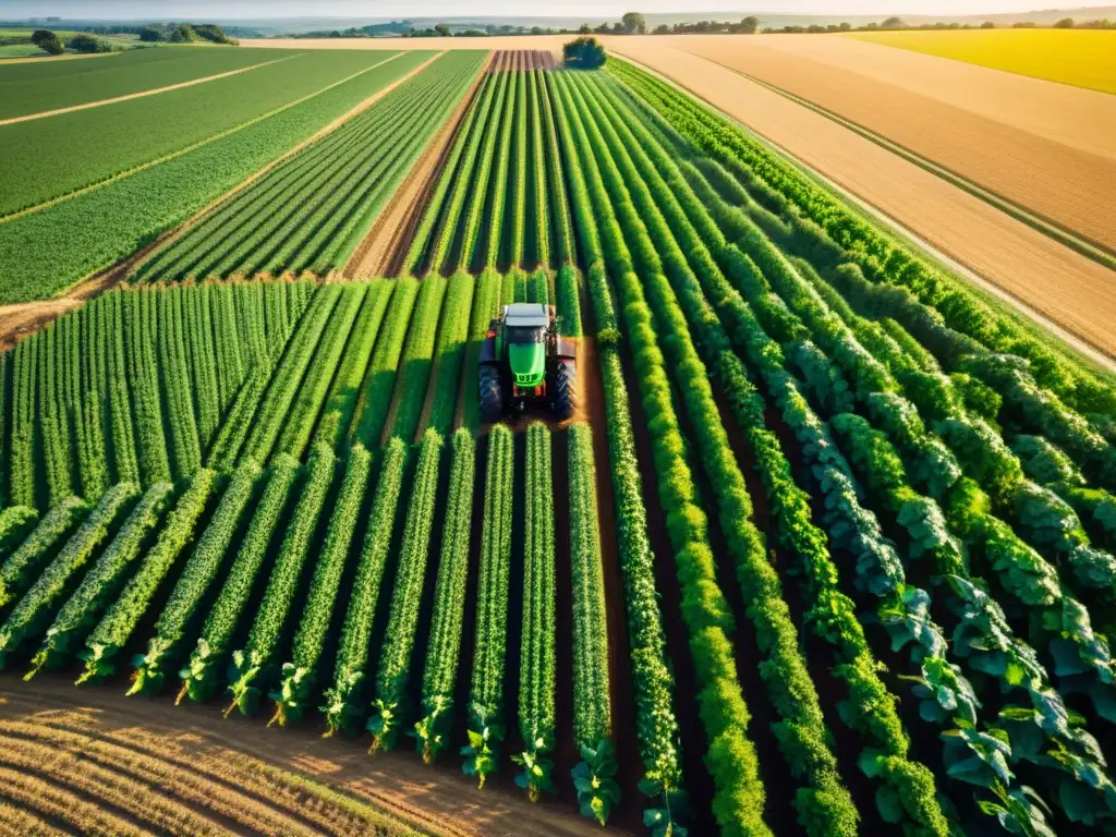 Vista aérea de granja orgánica con robot tractor, reflejando innovación en agricultura sostenible