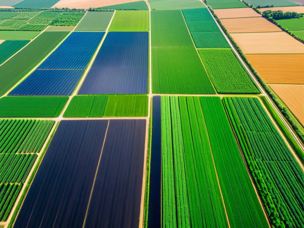 Vista aérea de una granja orgánica moderna con cultivos verdes y sistemas de riego avanzados