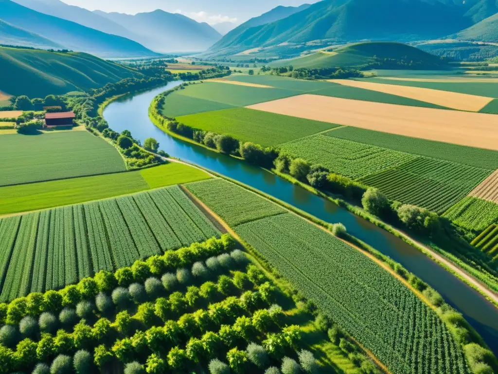 Vista aérea de una granja orgánica con cultivos diversos que resaltan la armonía entre agricultura y paisaje natural