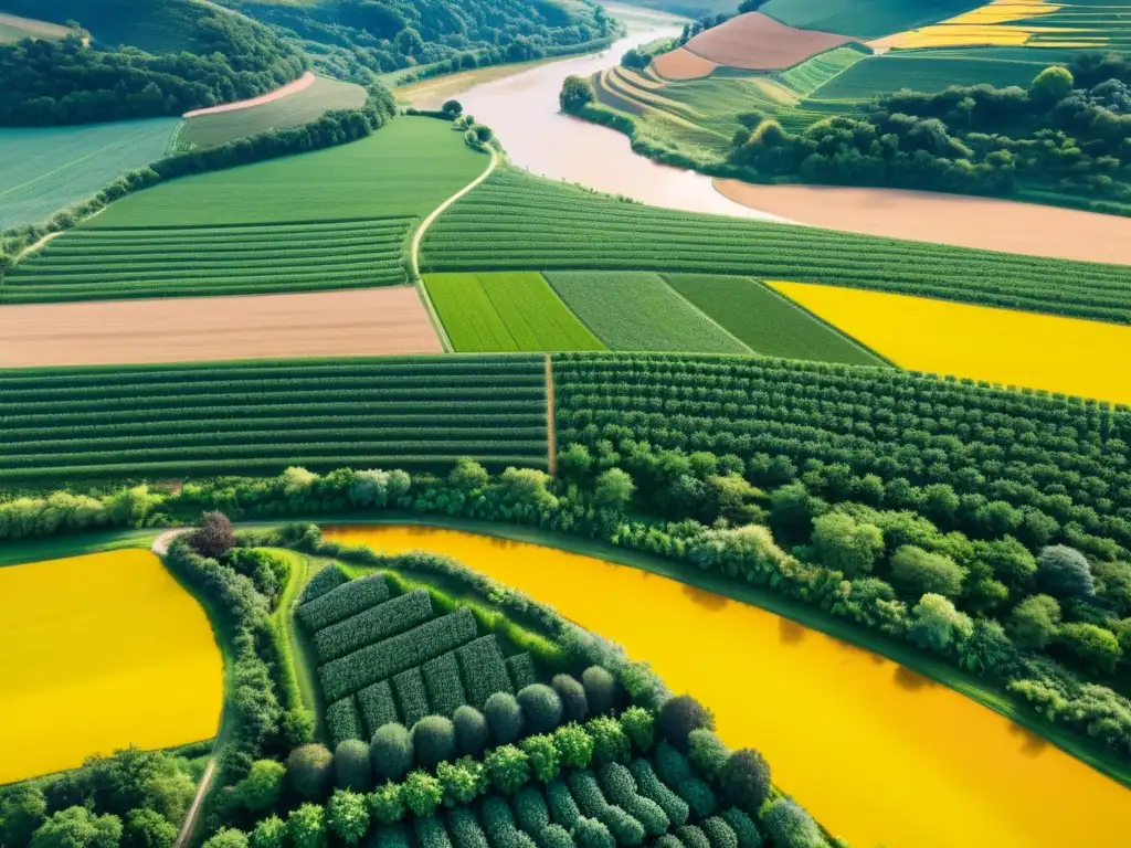 Vista aérea de una granja orgánica con cultivos verdes y río serpenteante