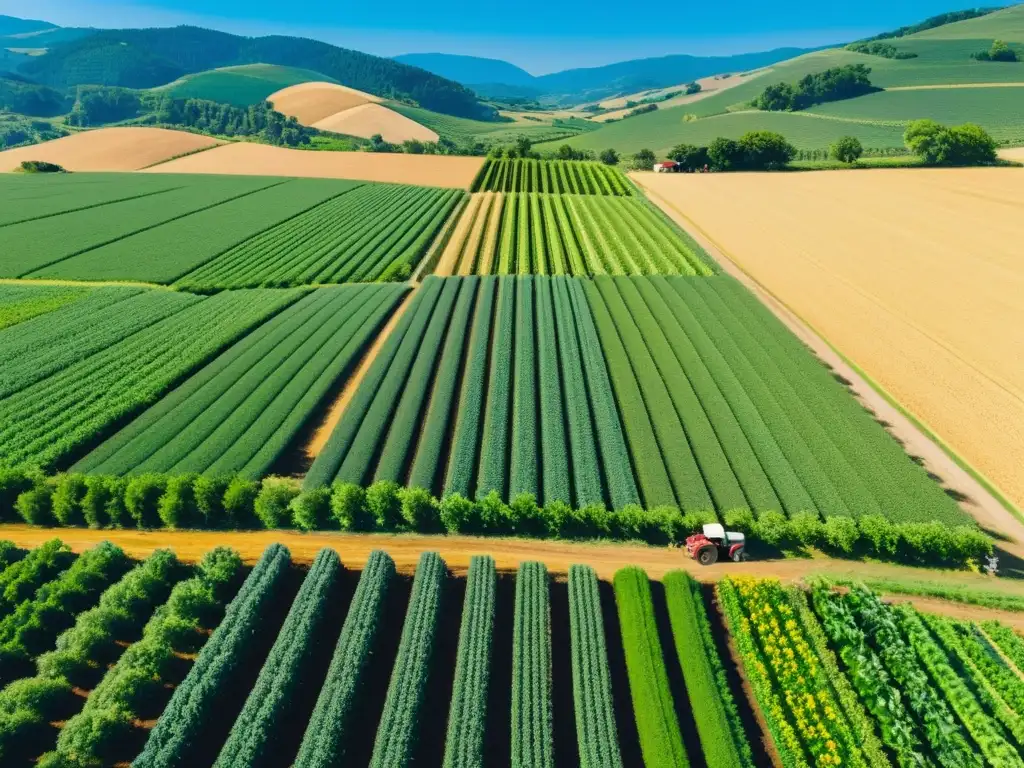 Vista aérea de una granja orgánica con cultivos vibrantes y turismo ecológico en granjas orgánicas