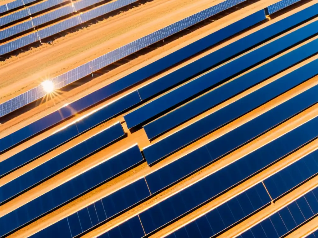 Vista aérea de una granja solar con ingenieros del futuro ecológico en energías renovables inspeccionando paneles bajo el sol brillante