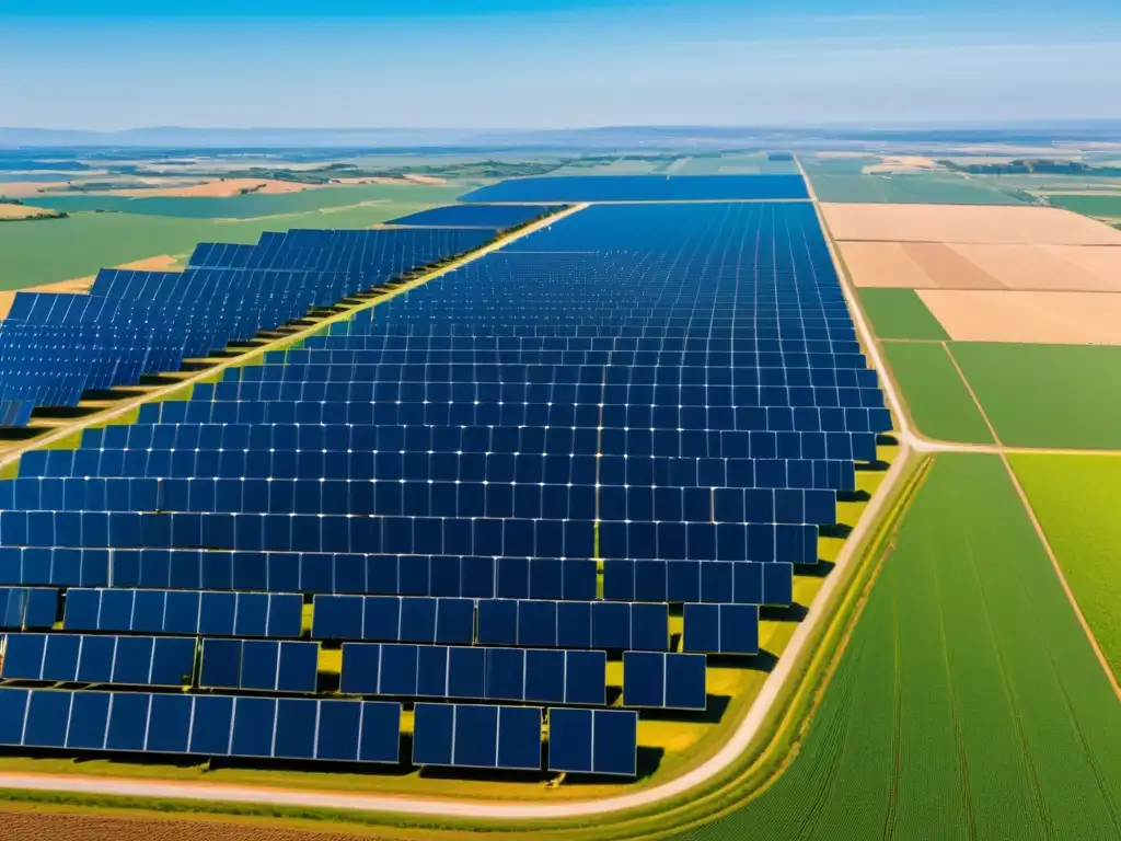 Vista aérea de una granja solar con paneles relucientes en armonía con la naturaleza