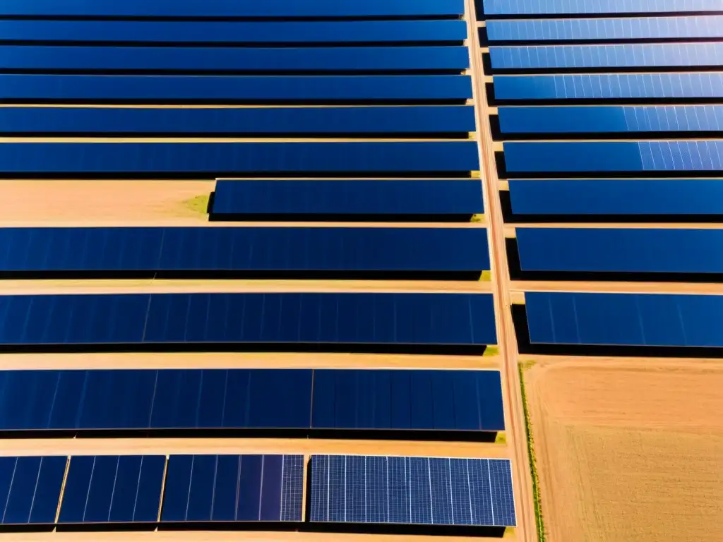 Vista aérea de una granja solar con paneles que reflejan la luz del sol en un día despejado, resaltando la combinación de fuentes de energía renovable