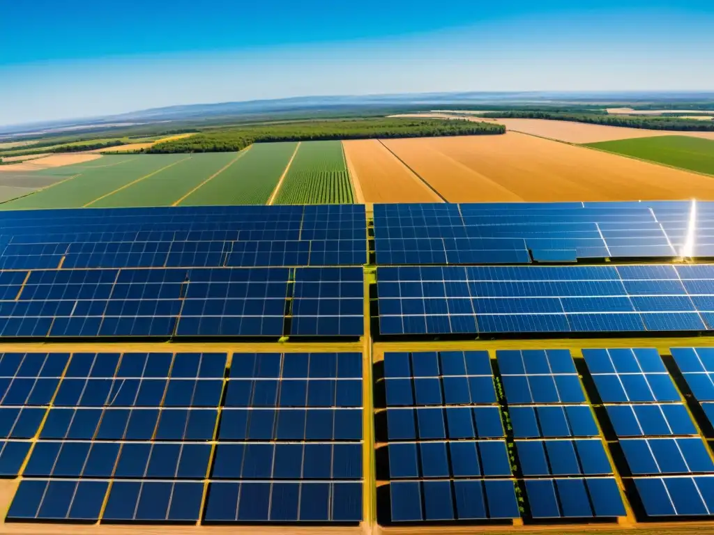 Vista aérea de una granja solar con paneles relucientes bajo el cielo azul