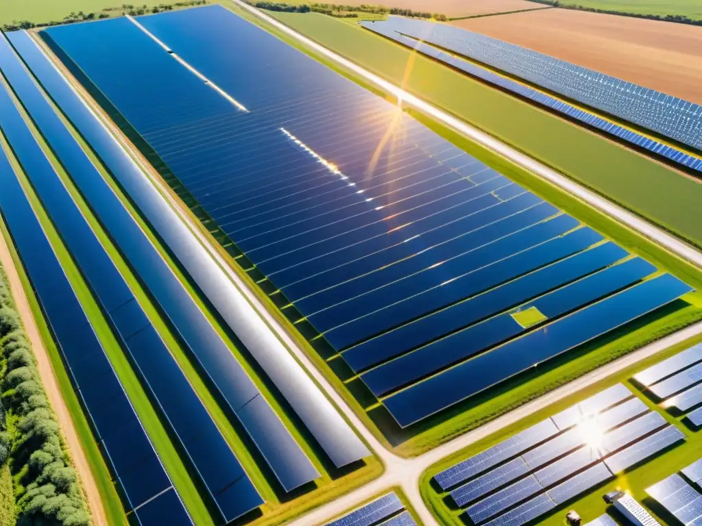 Vista aérea de una granja solar con paneles fotovoltaicos relucientes, técnicos inspeccionando y vehículos de mantenimiento