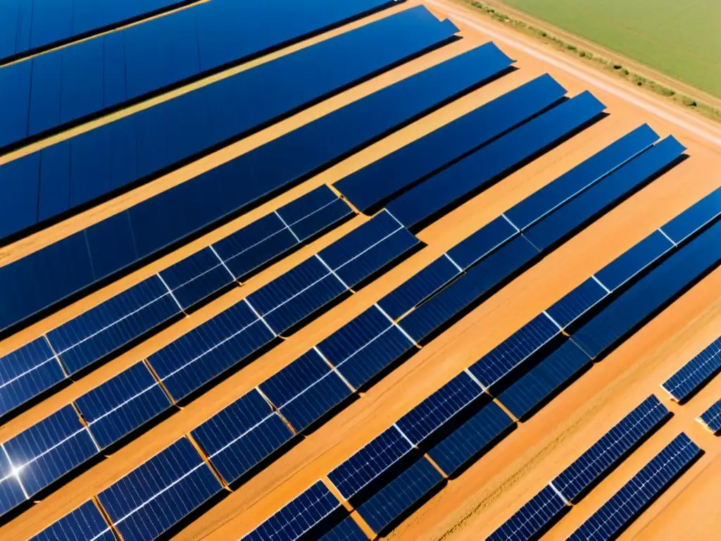 Vista aérea de una granja solar con paneles fotovoltaicos bajo un cielo azul, trabajadores realizando mantenimiento