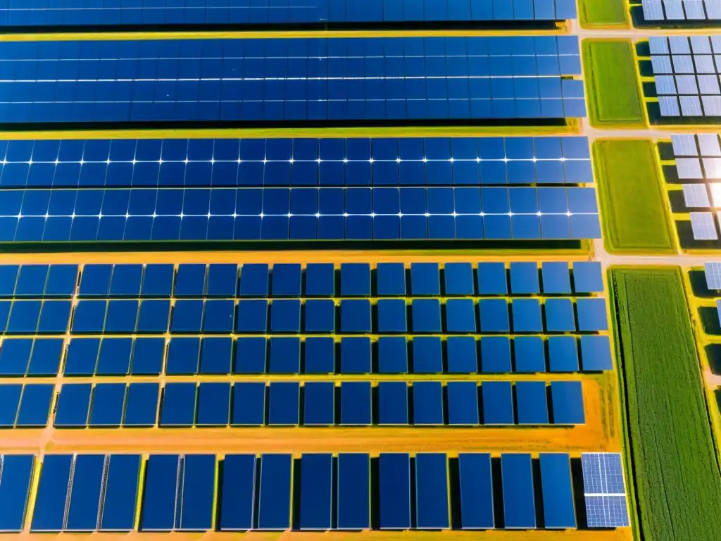 Vista aérea de una granja solar con paneles relucientes bajo cielo azul