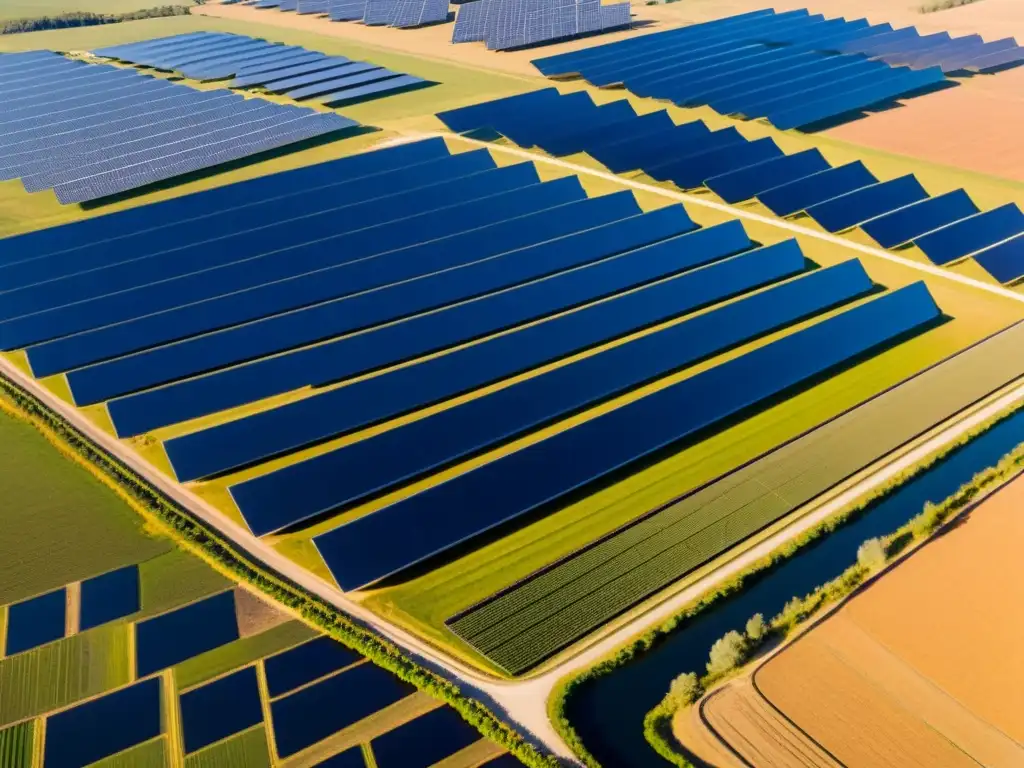 Vista aérea de granja solar con paneles reflejando la luz, mostrando el impacto ambiental de la energía limpia en el paisaje