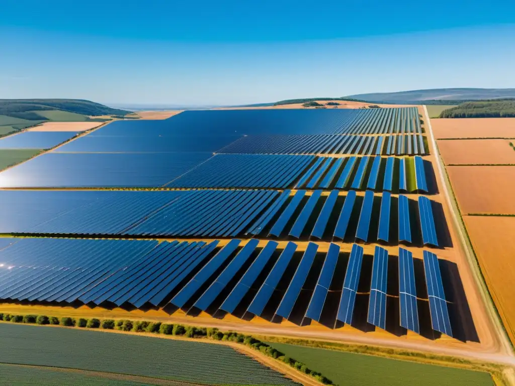 Vista aérea de granja solar con paneles relucientes bajo cielo azul