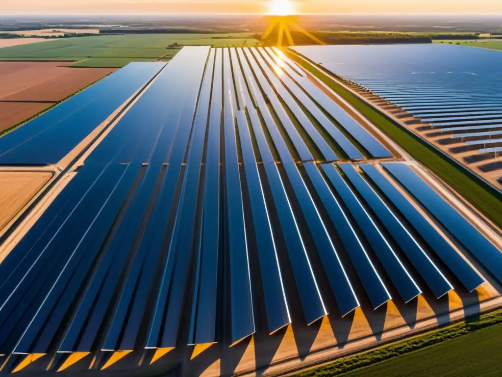 Vista aérea de granja solar con paneles brillantes en patrón geométrico, rodeada de molinos de viento