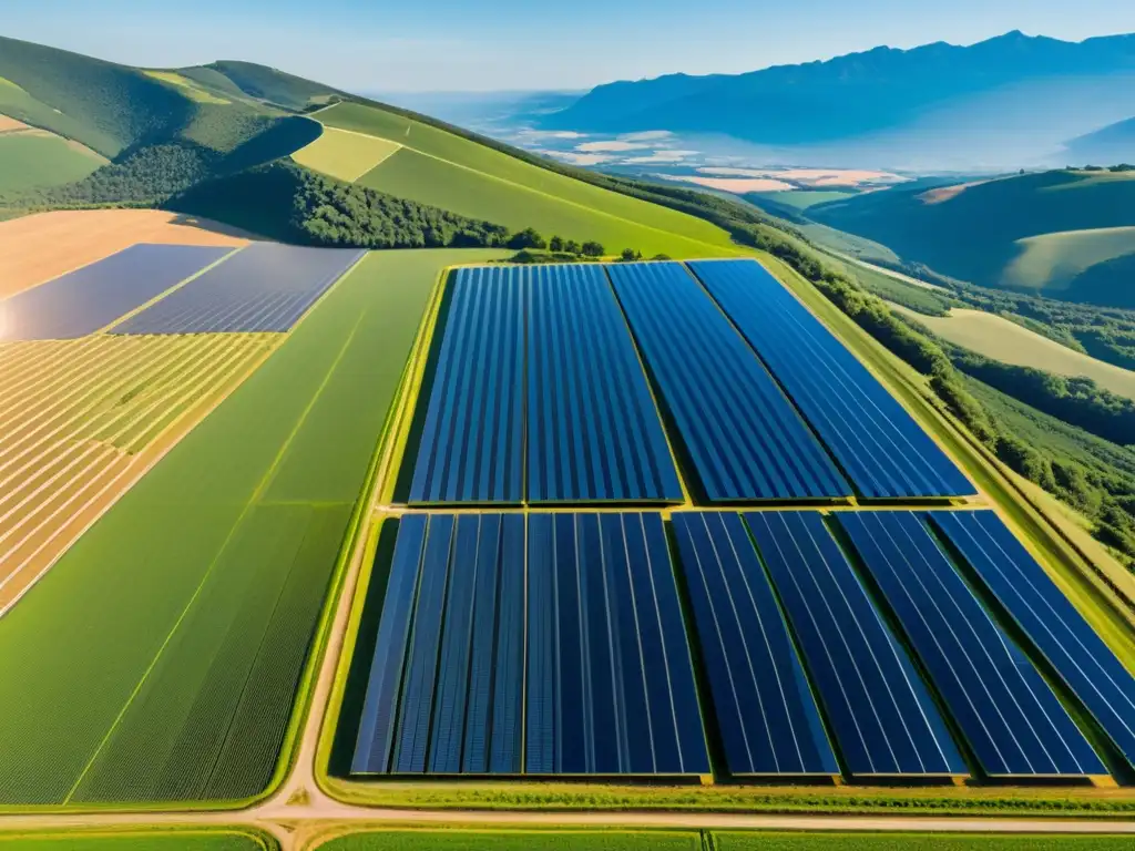 Vista aérea de una granja solar con paneles relucientes en colinas verdes y cielo azul