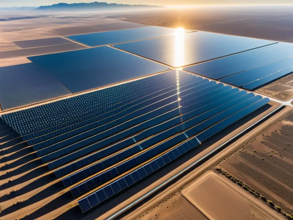 Vista aérea de granja solar en desierto, con paneles brillantes formando patrón geométrico