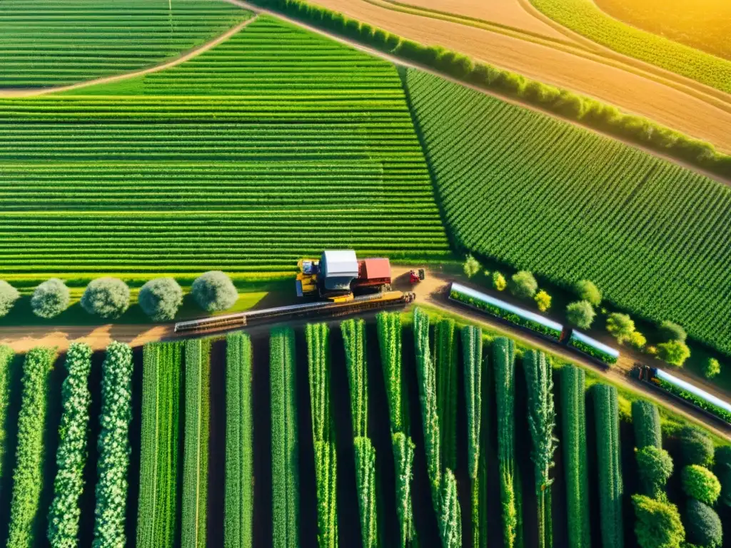 Vista aérea de granja sostenible con robótica en agricultura sostenible, integrando tecnología avanzada y conciencia ambiental