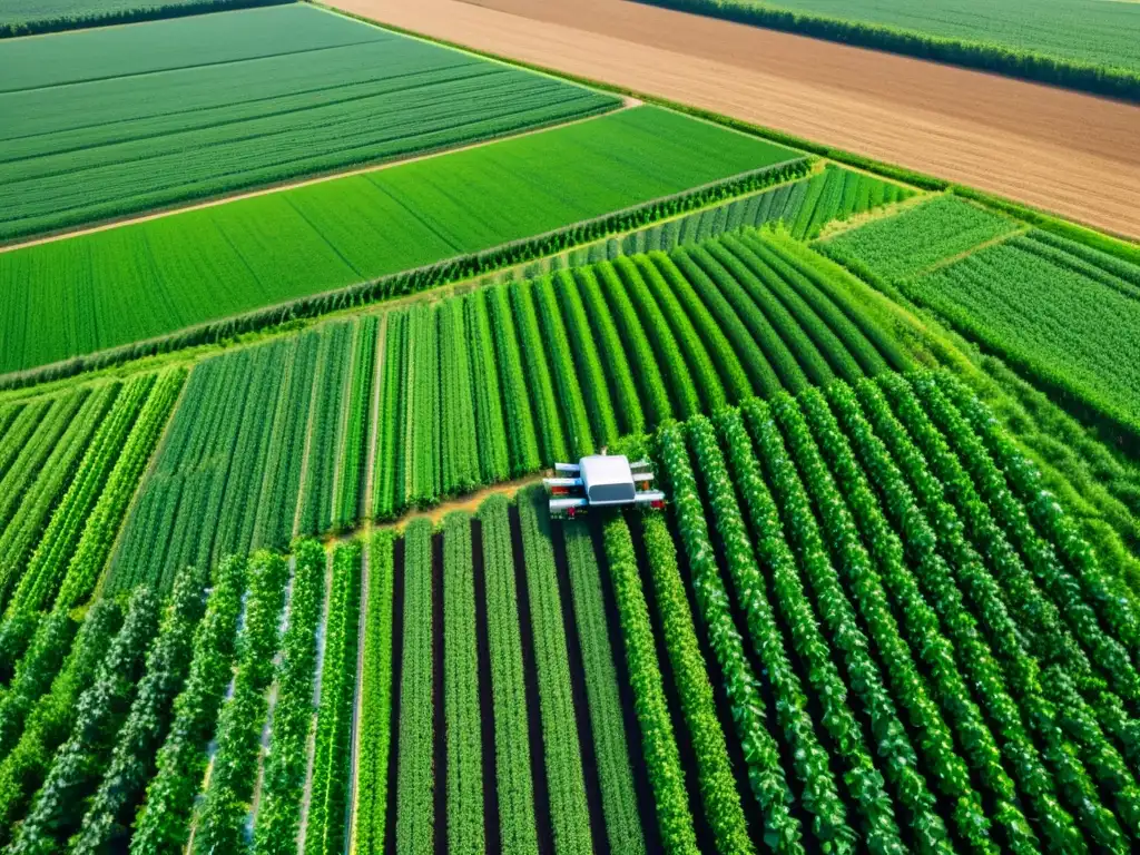 Vista aérea de granja sostenible con robots de alta tecnología cuidando cultivos