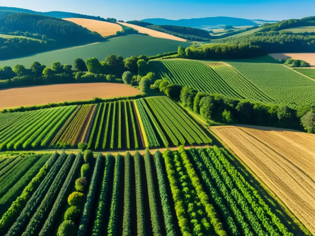 Vista aérea de granja vibrante con cultivos diversos