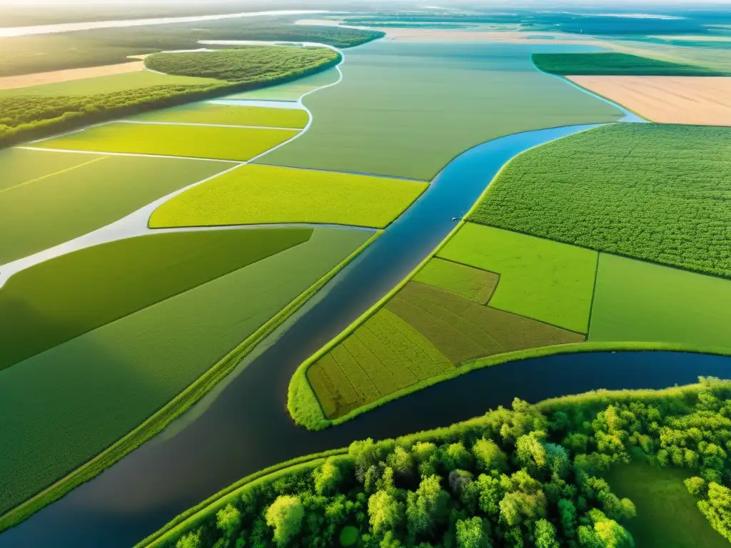 Vista aérea de humedal exuberante y agricultura sostenible, mostrando equilibrio entre humedales y agricultura