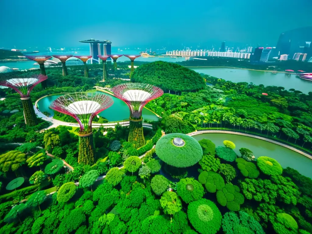 Vista aérea de Gardens by the Bay en Singapur, con los icónicos Supertrees y una integración sorprendente de naturaleza en ciudades