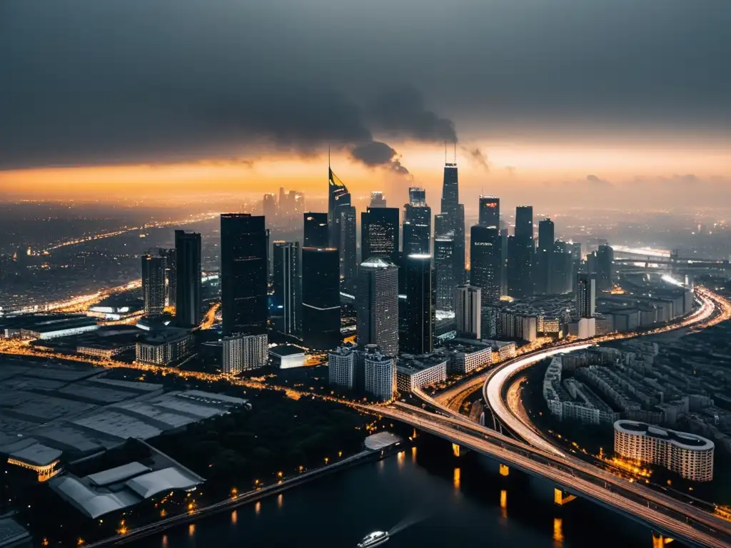 Vista aérea impactante de ciudad con smog y edificios altos