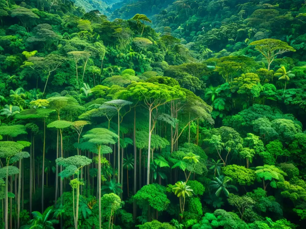 Vista aérea impactante de un exuberante bosque lluvioso, resaltando su diversidad de vida