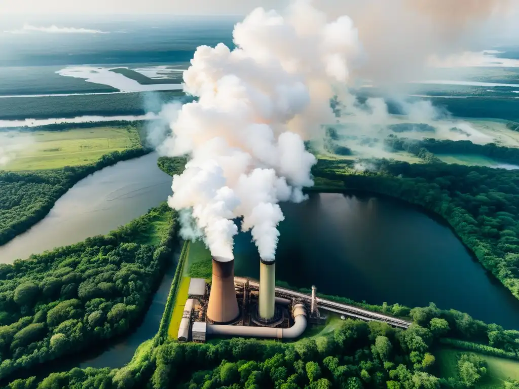 Vista aérea impactante de fábricas emitiendo humo frente a bosques y ríos, mostrando el impacto del cambio climático en los ecosistemas globales