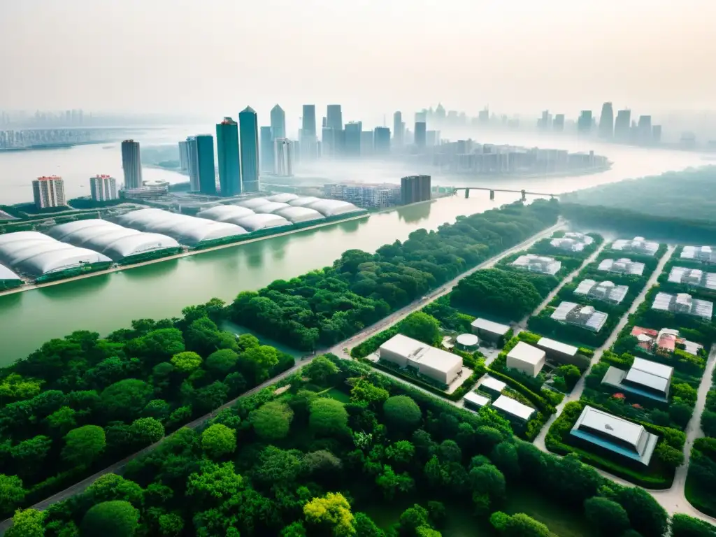 Vista aérea de la impactante urbanización y su impacto en el cambio climático, con smog sobre el horizonte