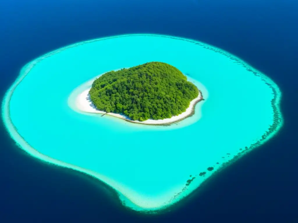 Vista aérea impactante de una isla remota rodeada de aguas turquesas, mostrando el contraste entre la belleza natural y la colonización humana