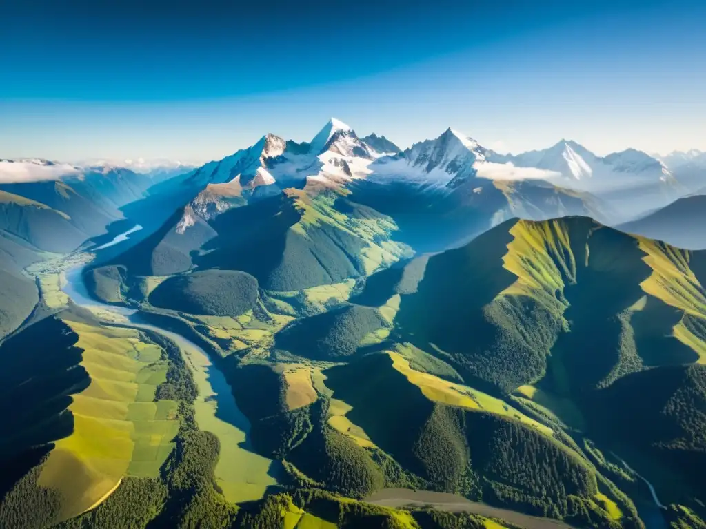 Vista aérea impactante de montañas escarpadas con picos nevados, valles verdes y río serpenteante