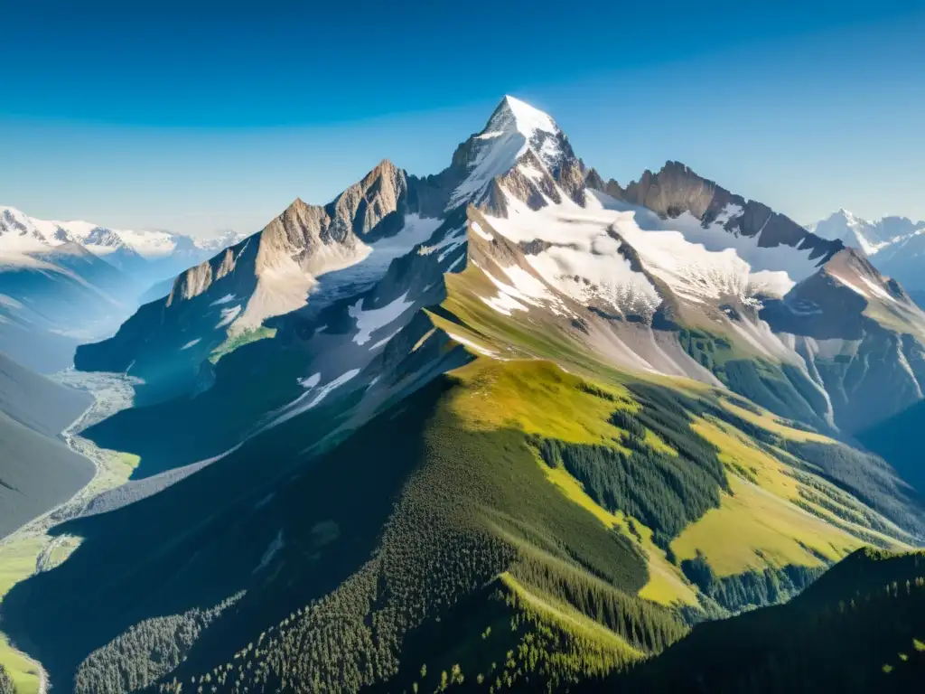 Vista aérea impactante de montañas nevadas, con flora alpina vibrante y nubes entre acantilados