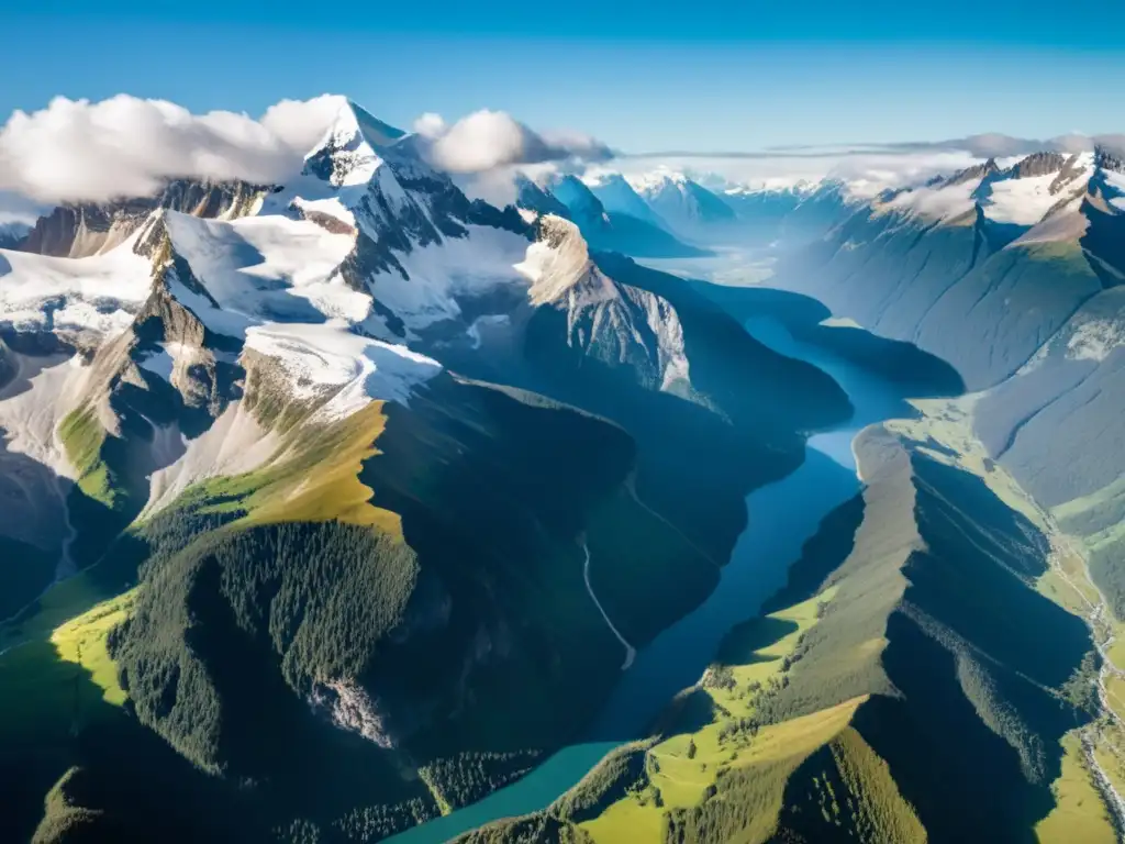 Vista aérea impactante de montañas nevadas, reflejadas en río cristalino