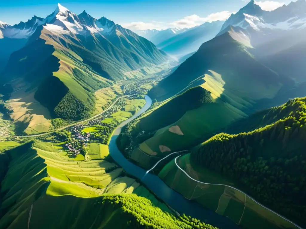 Vista aérea impactante de un paisaje montañoso, mostrando la belleza natural y el impacto humano en los ecosistemas montañosos