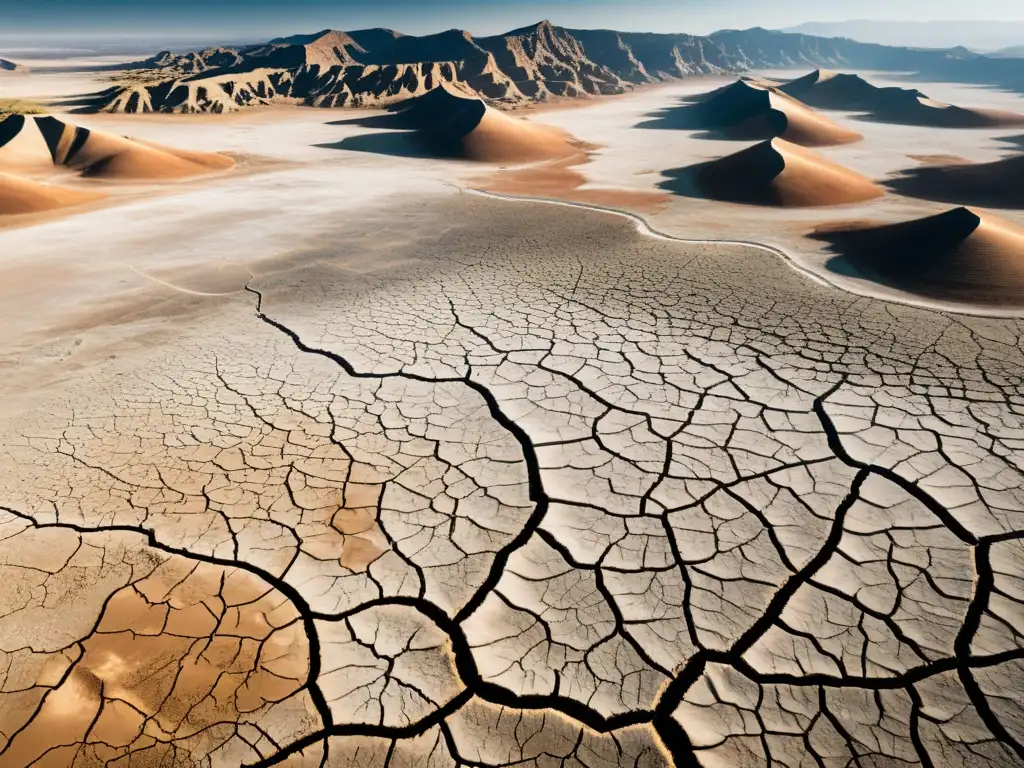 Vista aérea impactante de paisaje árido con grietas en tierra seca, reflejando desafíos de Estrategias manejo agua cambio climático