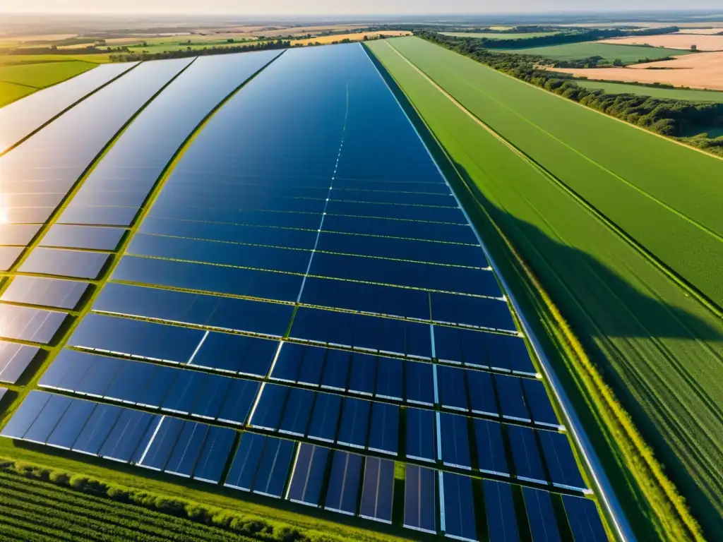 Paneles solares futuristas en paisaje verde Vista aérea impactante: paneles solares modernos en paisaje verde