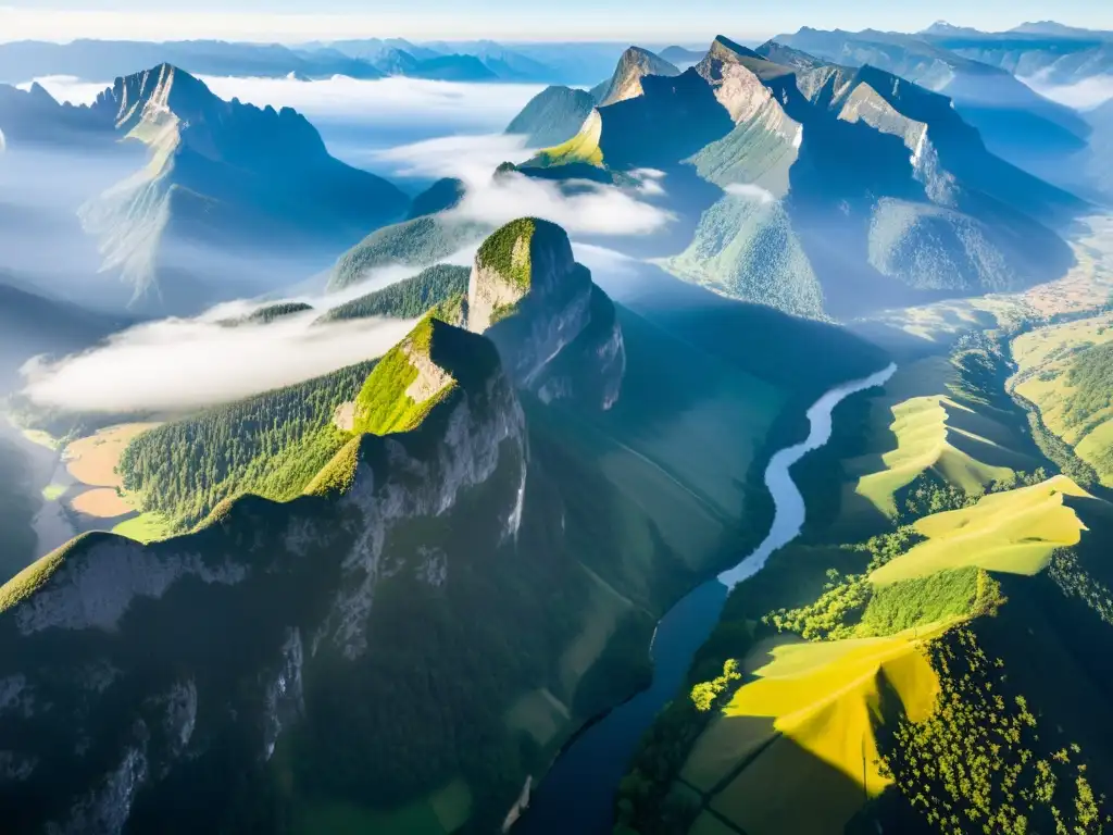 Vista aérea impactante de un sistema montañoso, con ríos y vegetación exuberante, evocando la impacto humano en ecosistemas montañosos