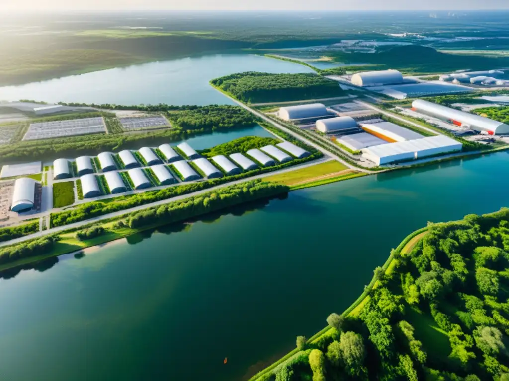 Vista aérea impactante de zona industrial rodeada de vegetación y cuerpos de agua