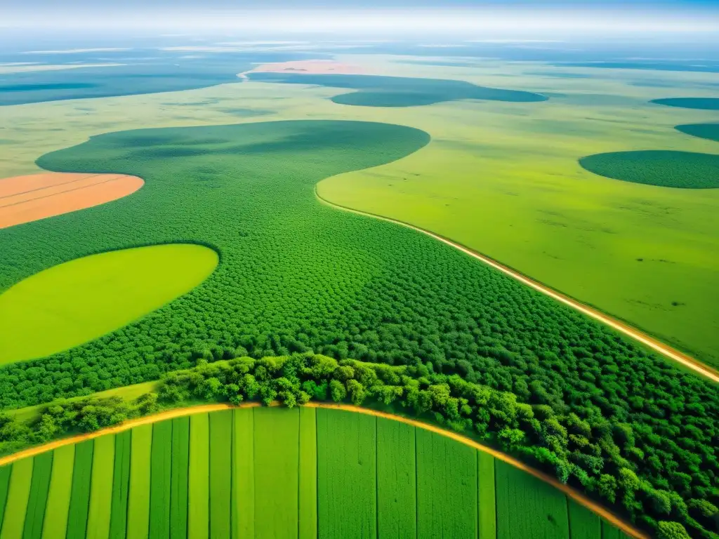 Contraste impactante: naturaleza vs Vista aérea impacto agricultura y urbanización en sabanas, contraste entre naturaleza y humanidad