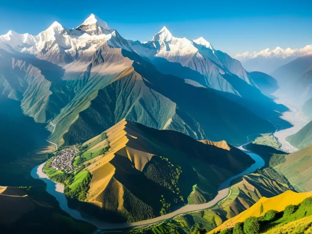 Vista aérea de los imponentes Himalayas, con picos nevados sobre valles verdes y ríos