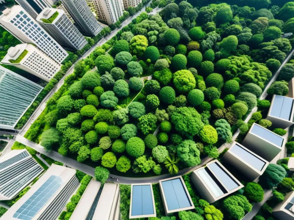 Vista aérea de la importancia de la economía circular en la coexistencia urbana y natural, entre rascacielos y zonas verdes