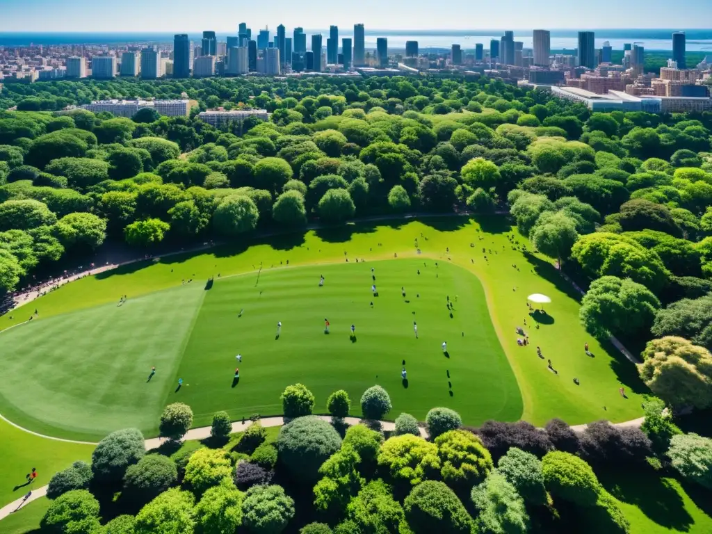 Vista aérea de la importancia de los espacios verdes urbanos con parques llenos de vida y actividad, contrastando con la arquitectura urbana