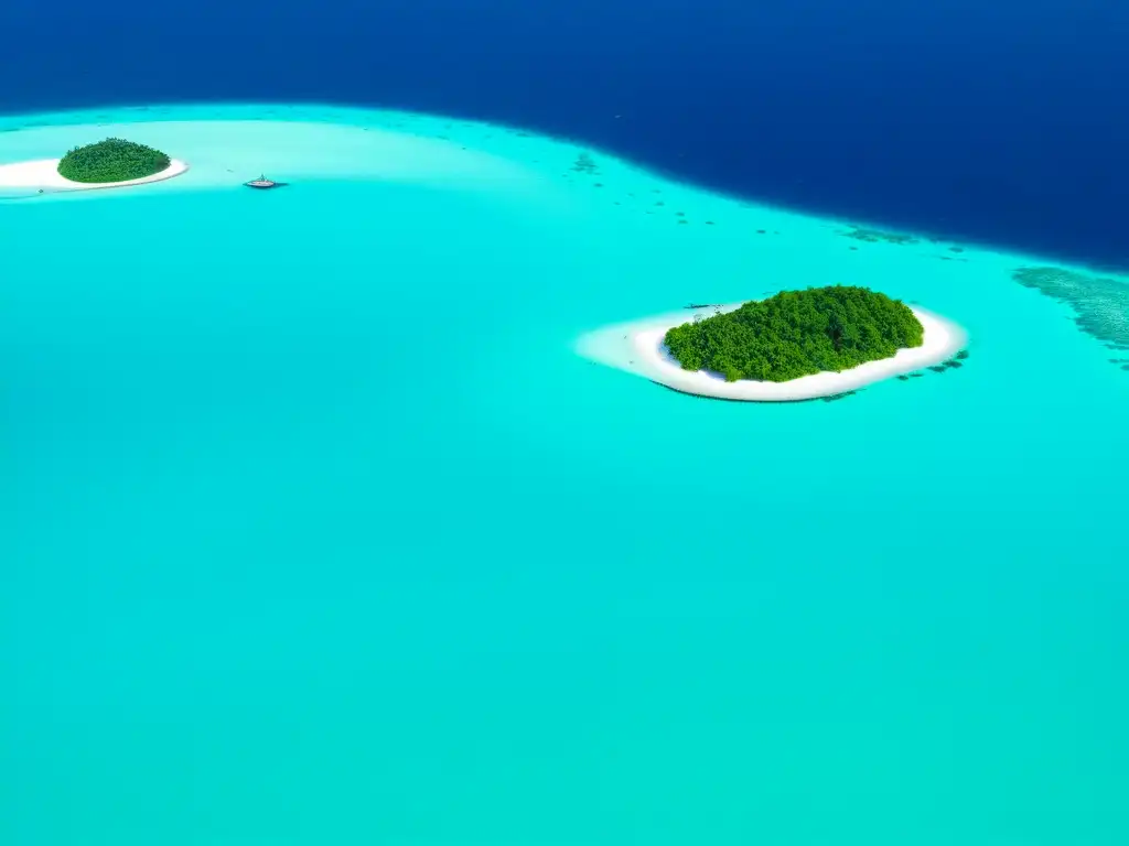 Vista aérea impresionante de aguas turquesas cristalinas en Maldivas, resaltando la conservación de ecosistemas sostenibles