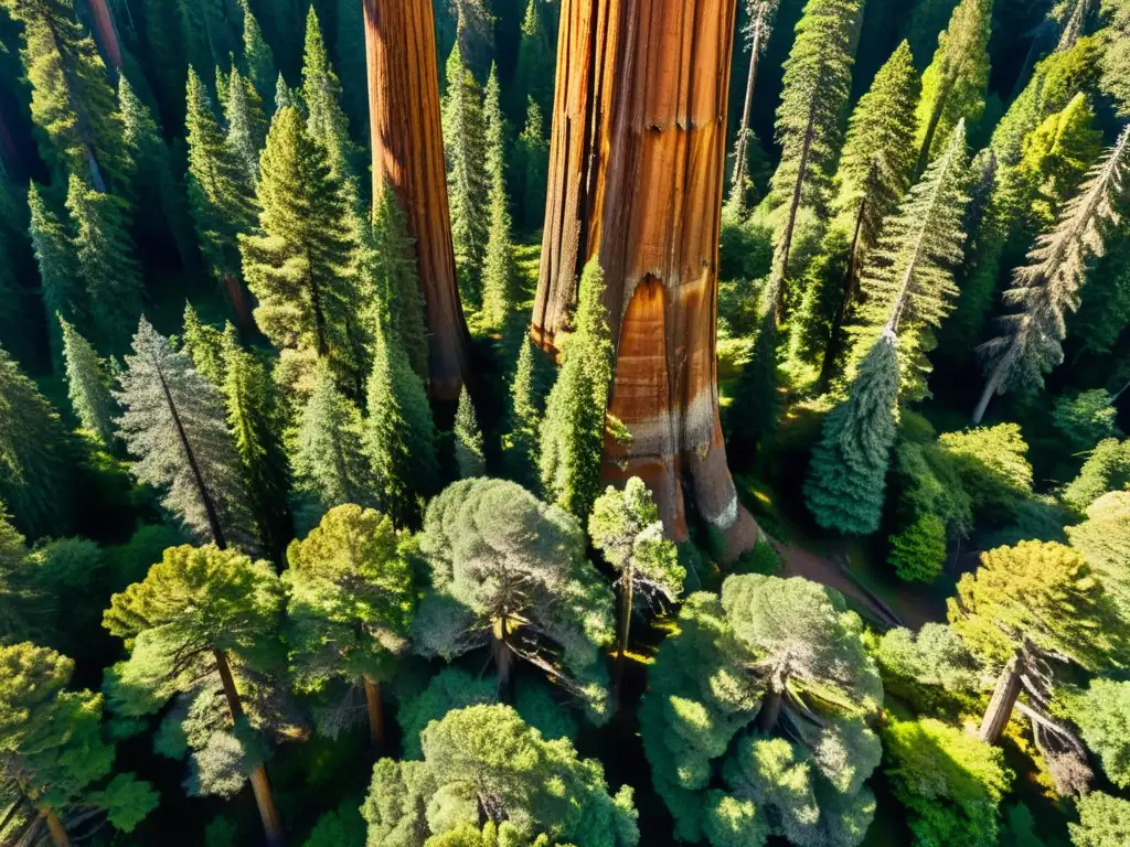 Una vista aérea impresionante de un antiguo bosque de secuoyas, con árboles imponentes alcanzando el cielo