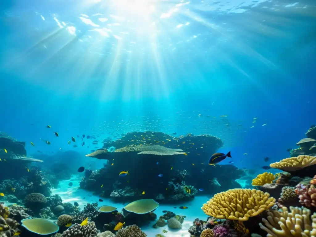 Espléndido arrecife de coral: vida submarina vibrante Vista aérea impresionante de arrecifes de coral del mundo, repletos de peces coloridos y vida submarina vibrante bajo el sol radiante